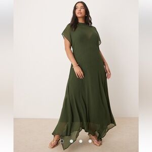 ASOS DESIGN Curve high neck hanky hem chiffon maxi dress in dark moss